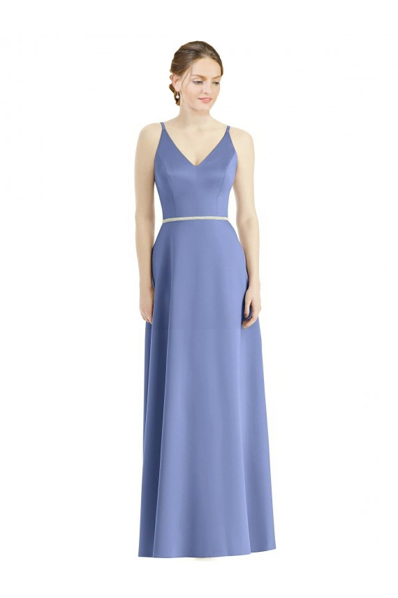 Best Long Floor Length V-Neck Satin Bridesmaid Dress with Spaghetti Straps UK