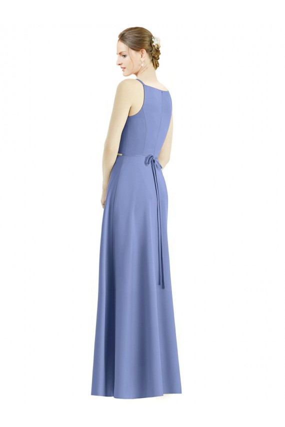 Best Long Floor Length V-Neck Satin Bridesmaid Dress with Spaghetti Straps UK