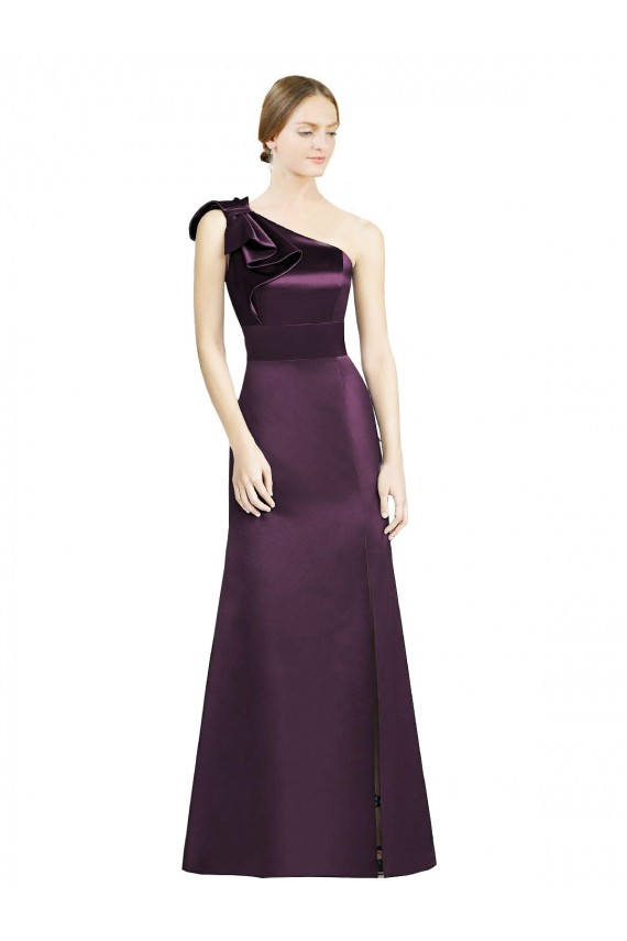 Best Full Length One Shoulder Satin Bridesmaid Dress with Bow Shoulder Detail UK