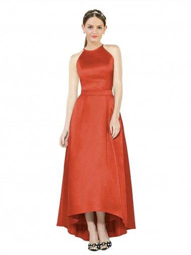Best Full Length Halter Satin Bridesmaid Dress with Hi-Low Hem Detail UK