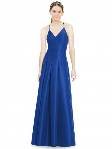 Best Full Pleated V-Neck Long Satin Bridesmaid Dress with Criss Cross Open Back UK