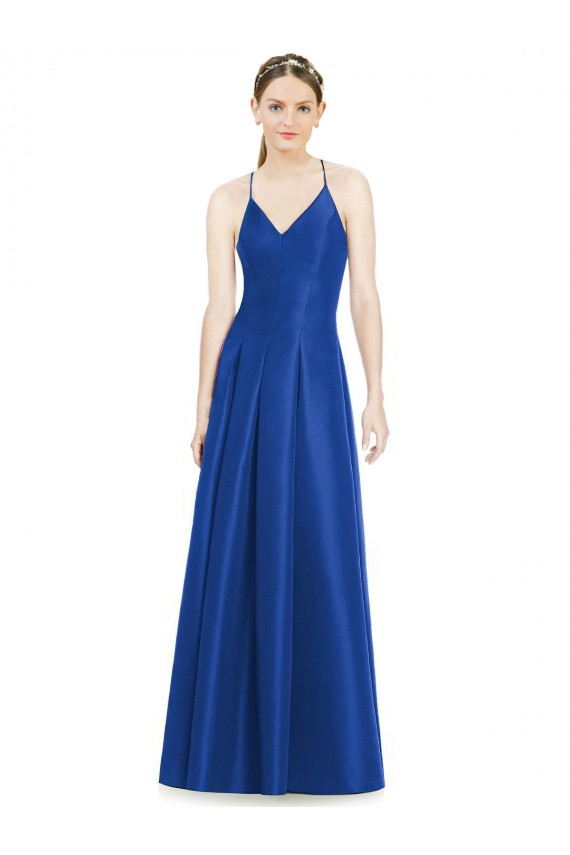 Best Full Pleated V-Neck Long Satin Bridesmaid Dress with Criss Cross Open Back UK