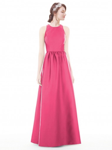 Best Jewel Neck Keyhole Back Sleek Long Satin Bridesmaid Dress UK