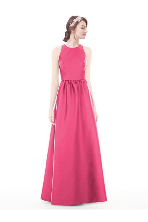 Best Jewel Neck Keyhole Back Sleek Long Satin Bridesmaid Dress UK