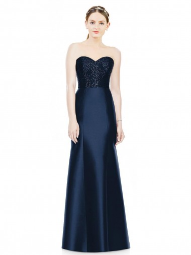 Best Full Length Strapless Satin Bridesmaid Dress with Lace Sweetheart Neckline UK