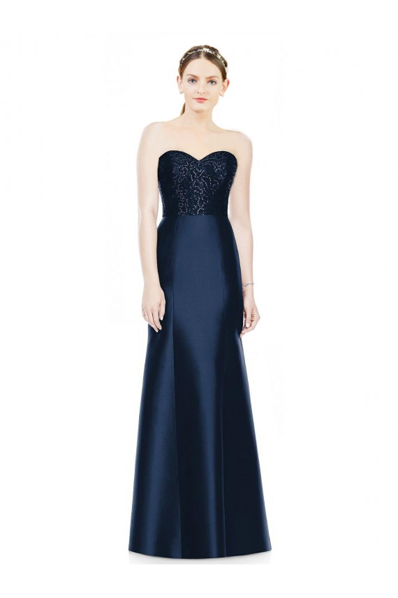 Best Full Length Strapless Satin Bridesmaid Dress with Lace Sweetheart Neckline UK
