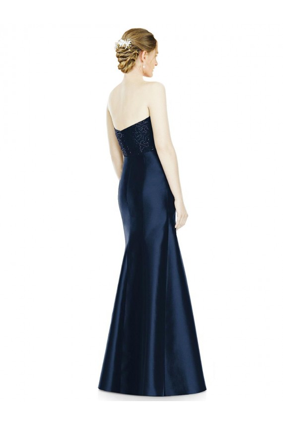 Best Full Length Strapless Satin Bridesmaid Dress with Lace Sweetheart Neckline UK