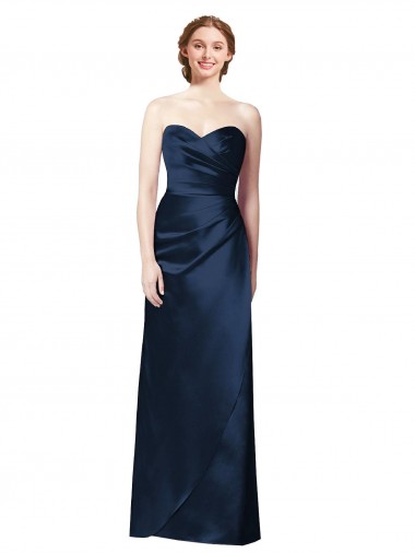 Best Faux Wrap A-Line Long Satin Bridesmaid Dress with Draped Bodice UK