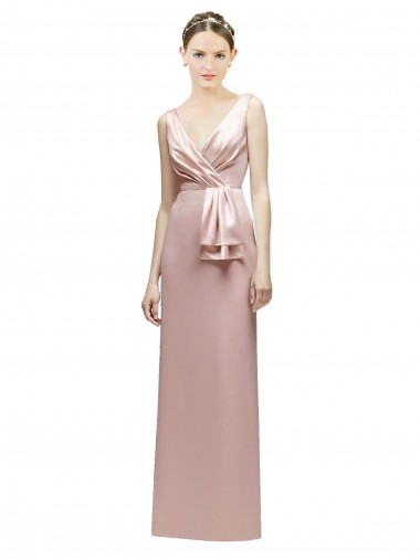Best Sleeveless V-Neck Long Satin Bridesmaid Dress with Draped Bodice and Tiered Bow UK