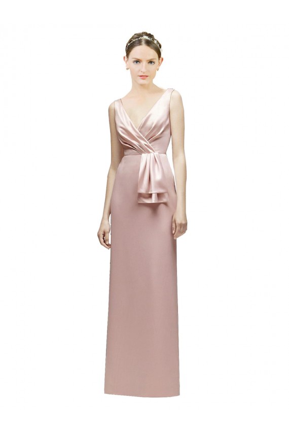Best Sleeveless V-Neck Long Satin Bridesmaid Dress with Draped Bodice and Tiered Bow UK