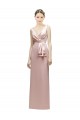 Best Sleeveless V-Neck Long Satin Bridesmaid Dress with Draped Bodice and Tiered Bow UK