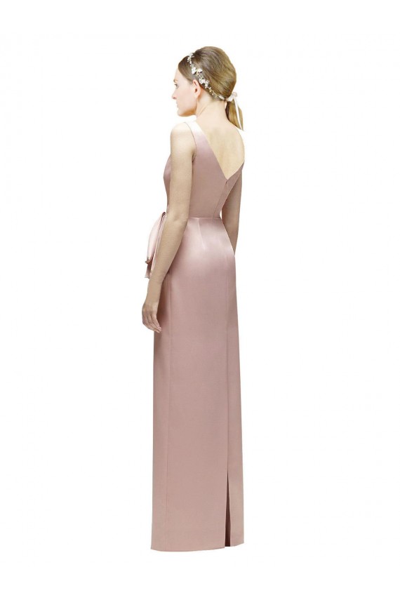 Best Sleeveless V-Neck Long Satin Bridesmaid Dress with Draped Bodice and Tiered Bow UK