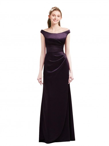 Best Off The Shoulder Long Satin Bridesmaid Dress with Asymmetrical Pleated Bodice UK
