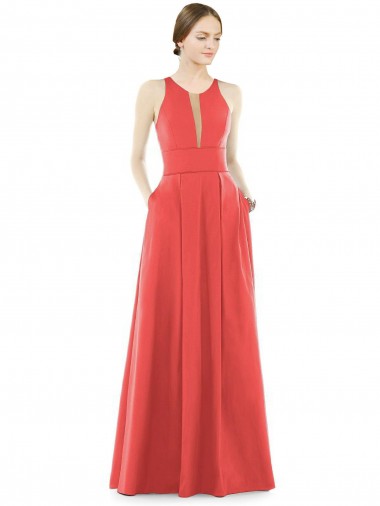 Best Sheer V-Neck Tulle Illusion Long Satin Bridesmaid Dress UK