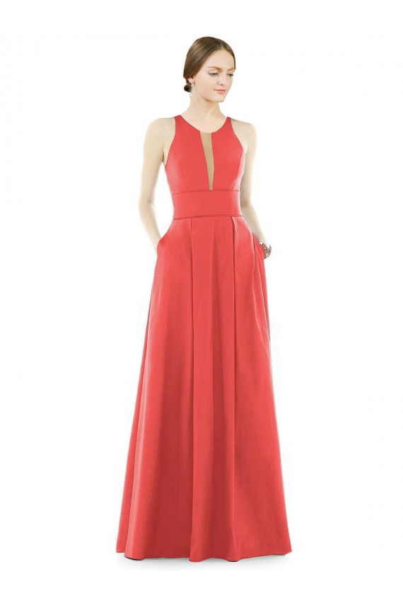 Best Sheer V-Neck Tulle Illusion Long Satin Bridesmaid Dress UK