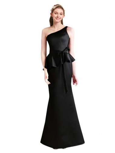 Best Long One Shoulder Satin Bridesmaid Dress with Bow Ties UK