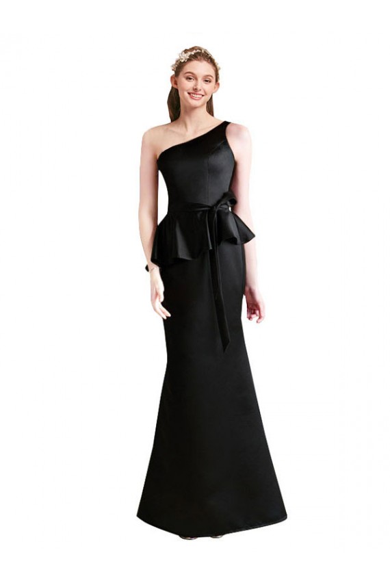 Best Long One Shoulder Satin Bridesmaid Dress with Bow Ties UK