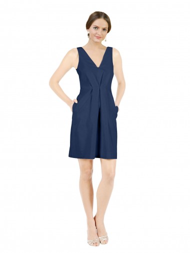 Best Deep V-Neck Short Knee Length Satin Cocktail Bridesmaid Dress with Slimming Pleats UK