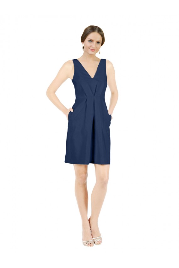 Best Deep V-Neck Short Knee Length Satin Cocktail Bridesmaid Dress with Slimming Pleats UK