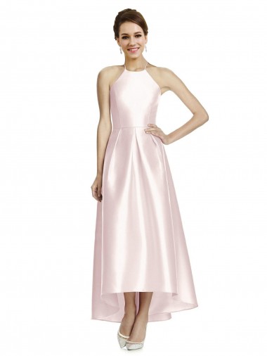 Best Long High-Low Halter Satin Bridesmaid Dress with Criss-Cross Back UK