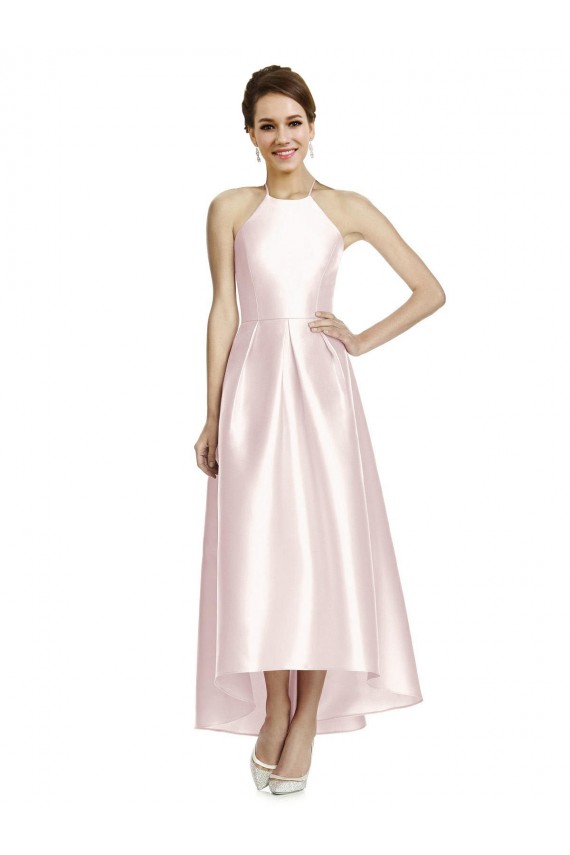Best Long High-Low Halter Satin Bridesmaid Dress with Criss-Cross Back UK