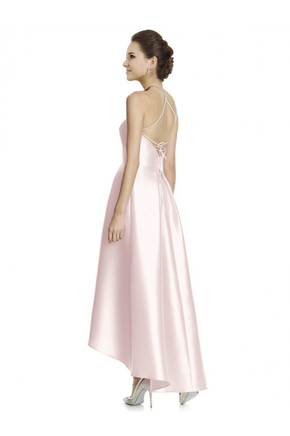 Best Long High-Low Halter Satin Bridesmaid Dress with Criss-Cross Back UK