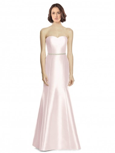 Best Long Sweetheart Satin Bridesmaid Dress with Slim Beaded Sash UK
