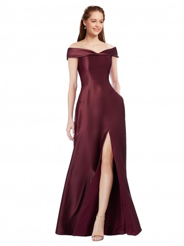 Best Long Off the Shoulder Formal Satin Bridesmaid Dress / Prom Dress with Thigh-high Slit UK