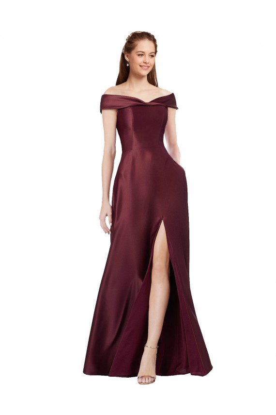 Best Long Off the Shoulder Formal Satin Bridesmaid Dress / Prom Dress with Thigh-high Slit UK