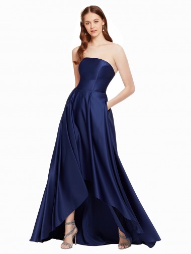 Best High Low Strapless Formal Satin Bridesmaid Dress / Prom Dress with Pockets UK