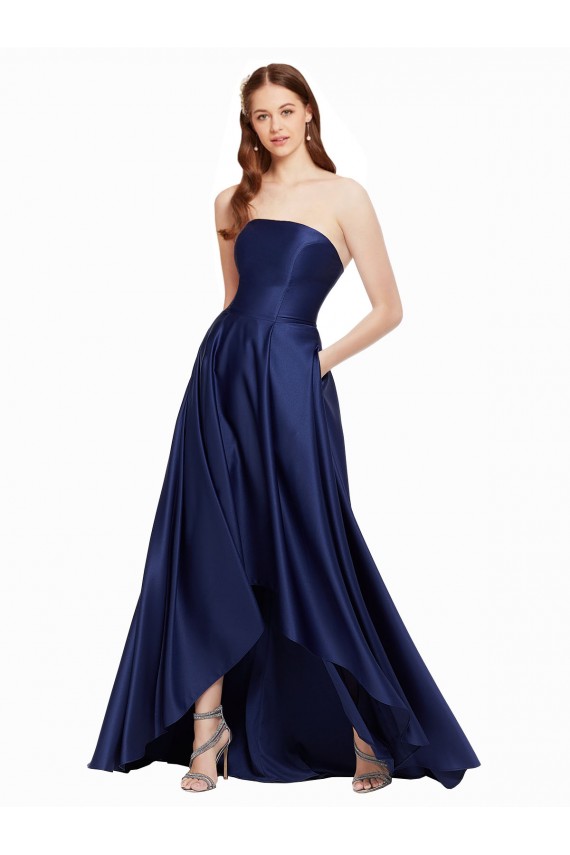 Best High Low Strapless Formal Satin Bridesmaid Dress / Prom Dress with Pockets UK