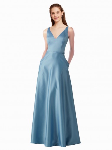 Best Classic Satin V-Neck A-Line Bridesmaids Dress with Pockets UK