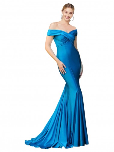Best Off the Shoulder Long Chapel Train Formal Satin Bridesmaid Dress / Prom Dress UK