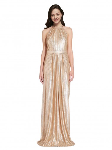 Best Floor Length Halter Neck Sparkling Formal Sequin Bridesmaid Dress / Prom Dress with Pleats UK