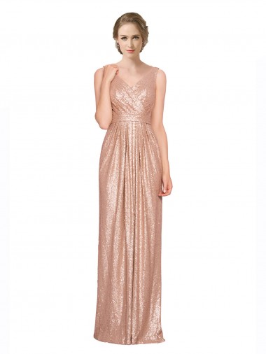 Best Draped V-Neck Striking Sheath Floor Length Formal Sequin Bridesmaid Dress / Prom Dress UK
