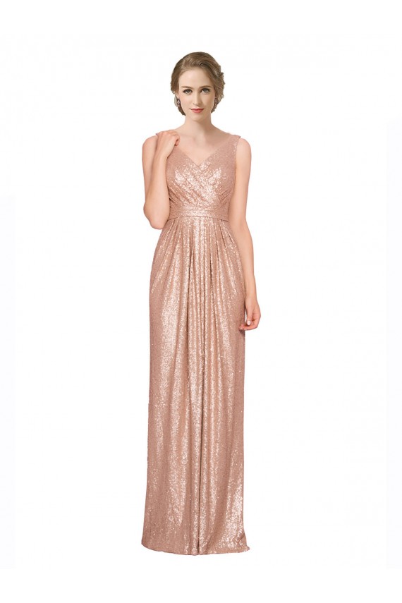 Best Draped V-Neck Striking Sheath Floor Length Formal Sequin Bridesmaid Dress / Prom Dress UK
