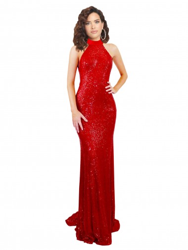 Best Halter High Neck Mermaid Open Back Formal Sequin Bridesmaid Dress / Prom Dress UK