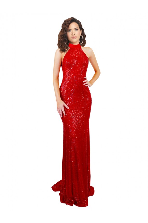 Best Halter High Neck Mermaid Open Back Formal Sequin Bridesmaid Dress / Prom Dress UK