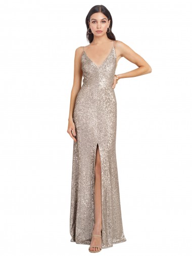 Best V-Neck Fully Sequin Formal Bridesmaid Dress / Prom Dress with V-Back and Front Slit UK
