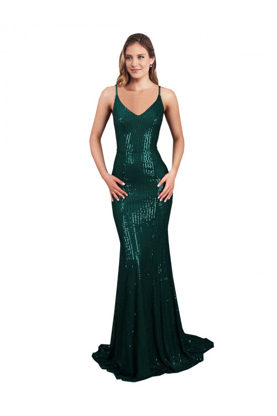 Best Fishtail Shaped V-Neck Open Back Long Formal Sequin Bridesmaid Dress / Prom Dress UK