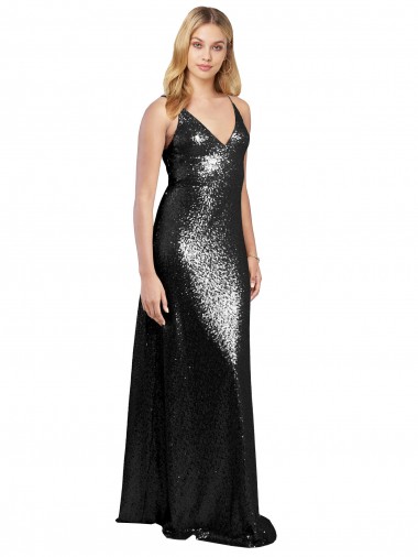 Best Full Length A-Line Formal Sequin Bridesmaid Dress / Prom Dress with Spaghetti Straps V-Neckline UK