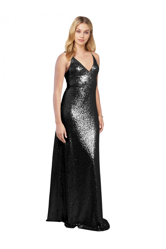 Best Full Length A-Line Formal Sequin Bridesmaid Dress / Prom Dress with Spaghetti Straps V-Neckline UK