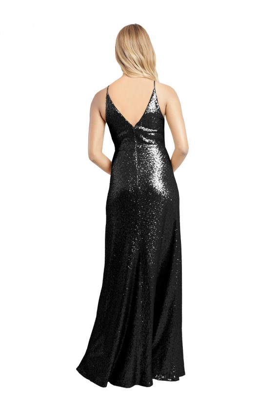 Best Full Length A-Line Formal Sequin Bridesmaid Dress / Prom Dress with Spaghetti Straps V-Neckline UK