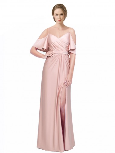 Best Draped Cold Shoulder Sleeves Long Formal Silky Satin Bridesmaid Dress / Prom Dress with Slit and Tie Back UK