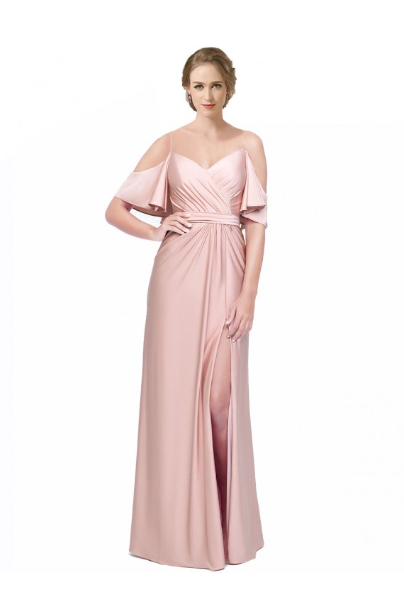 Best Draped Cold Shoulder Sleeves Long Formal Silky Satin Bridesmaid Dress / Prom Dress with Slit and Tie Back UK