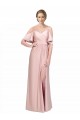 Best Draped Cold Shoulder Sleeves Long Formal Silky Satin Bridesmaid Dress / Prom Dress with Slit and Tie Back UK