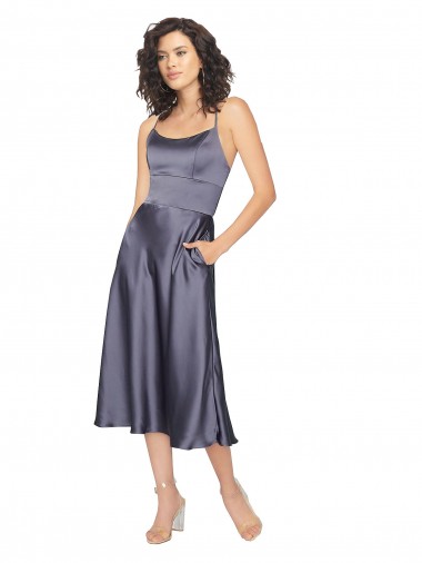 Best Midi Cocktail Length Silky Satin Bridesmaid Dress / Prom Dress with Open Tied Back & Pockets UK