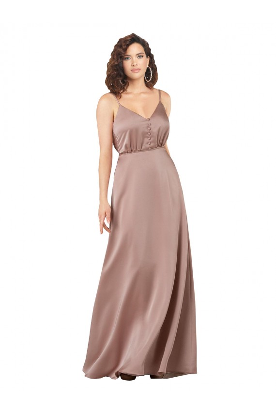 Best Subtle V-Neckline Formal Silky Satin Bridesmaid Dress with Front Button Detail UK
