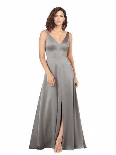 Best Plunging V-Neckline Long A-Line Formal Silky Satin Bridesmaid Dress / Prom Dress UK