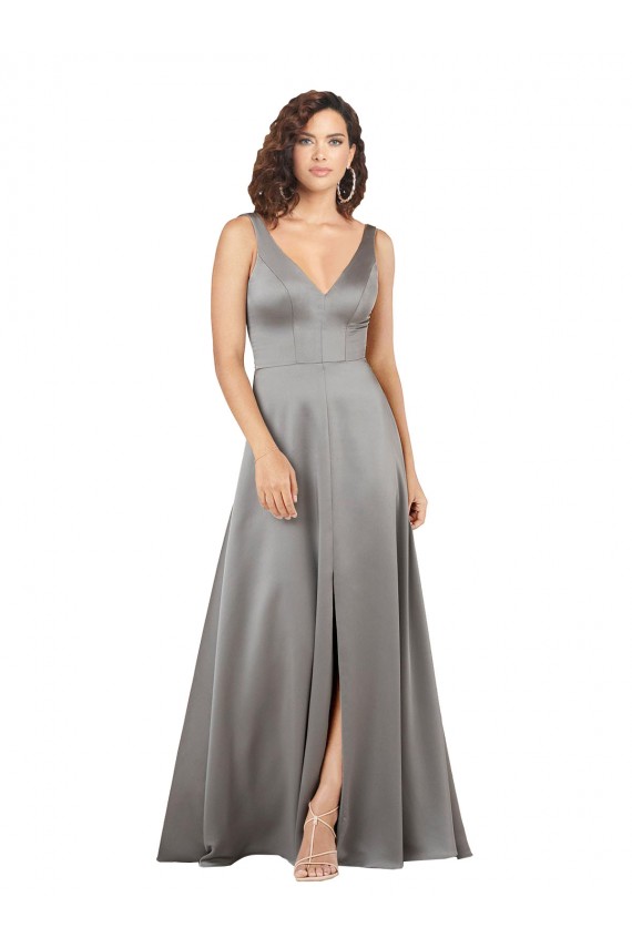 Best Plunging V-Neckline Long A-Line Formal Silky Satin Bridesmaid Dress / Prom Dress UK